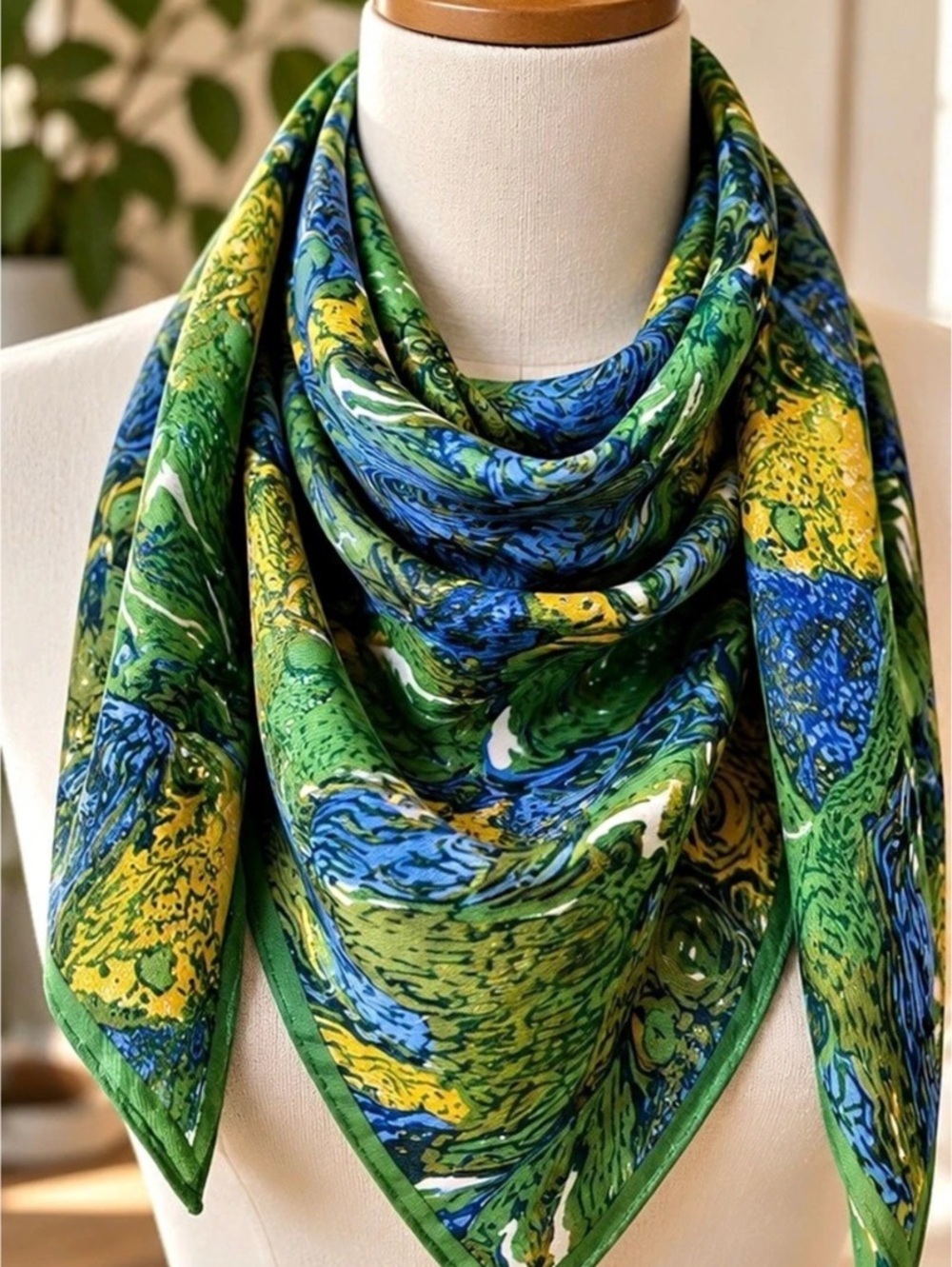 Vintage Hand Printed Japanese Scarf 26x26 Green Blue Gold Abstract